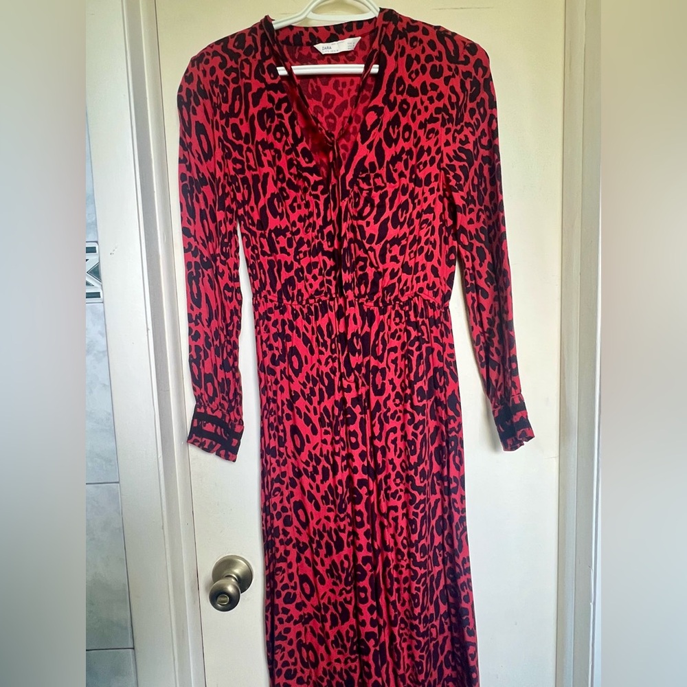 Zara Red and Black Leopard Print Maxi Dress